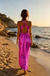 Satin Ruched Backless Maxi Dress