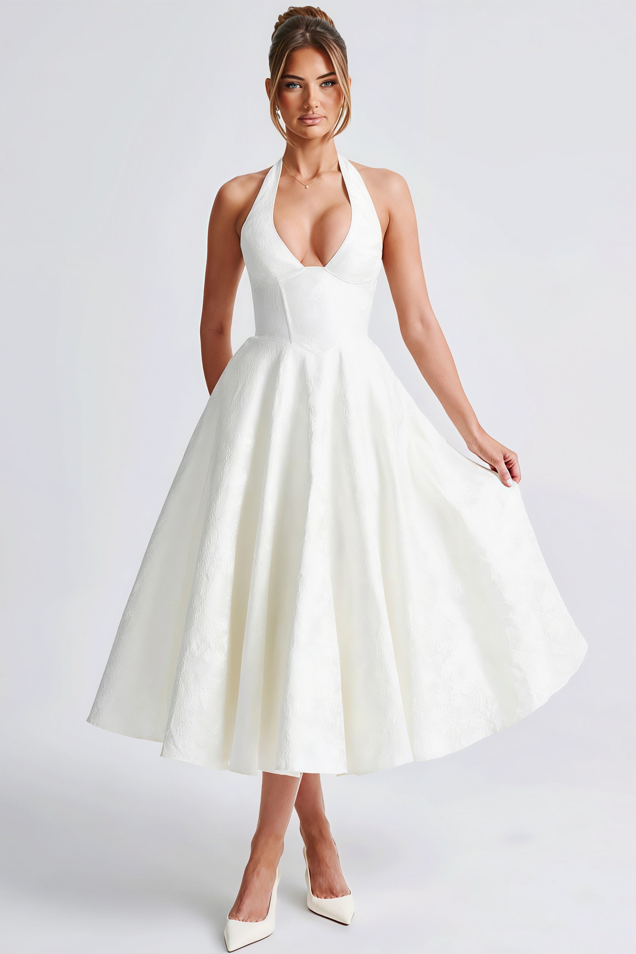 Halter V Neck Jacquard Backless Midi Dress