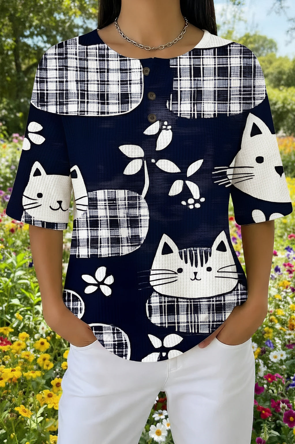 Womens Dark Blue Plaid Cat Print Casual Shirt