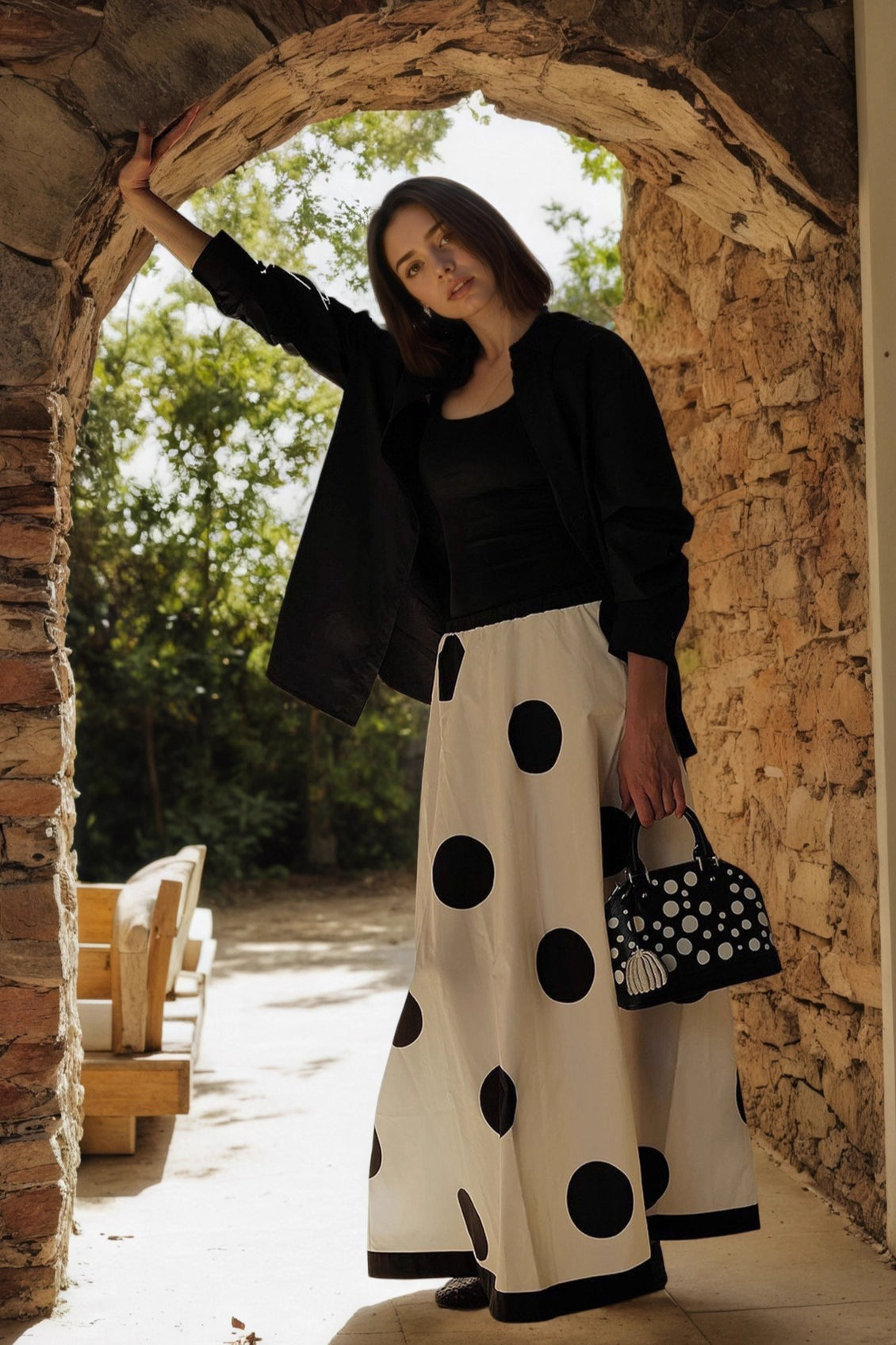 Large Polka Dot Contrast Hem A-Line Maxi Skirt