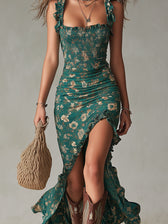 Floral Smocked Ruffle Strap High Split Mermaid Maxi Dress 8