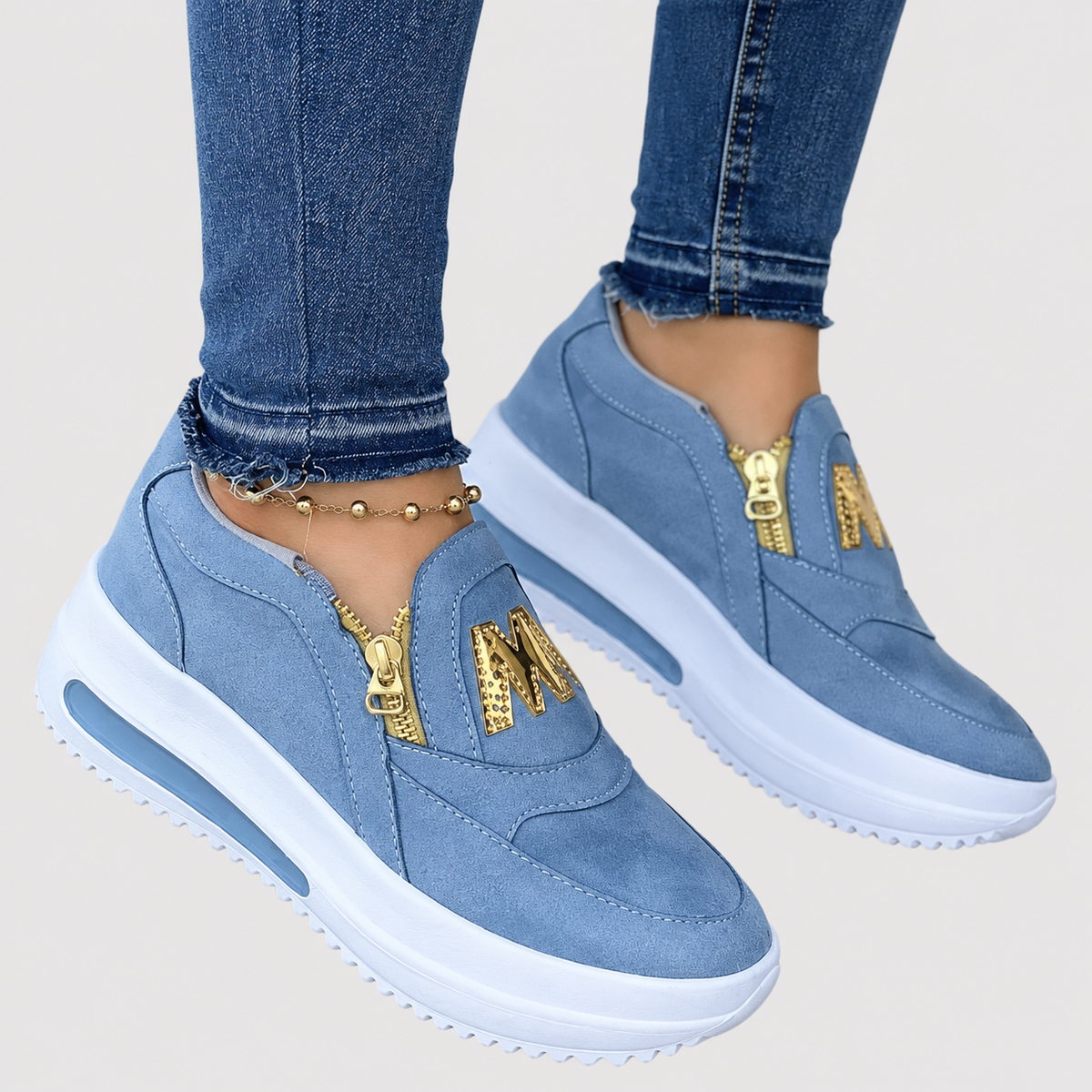 Suede Look Zip Front Platform Slip On Sneakers