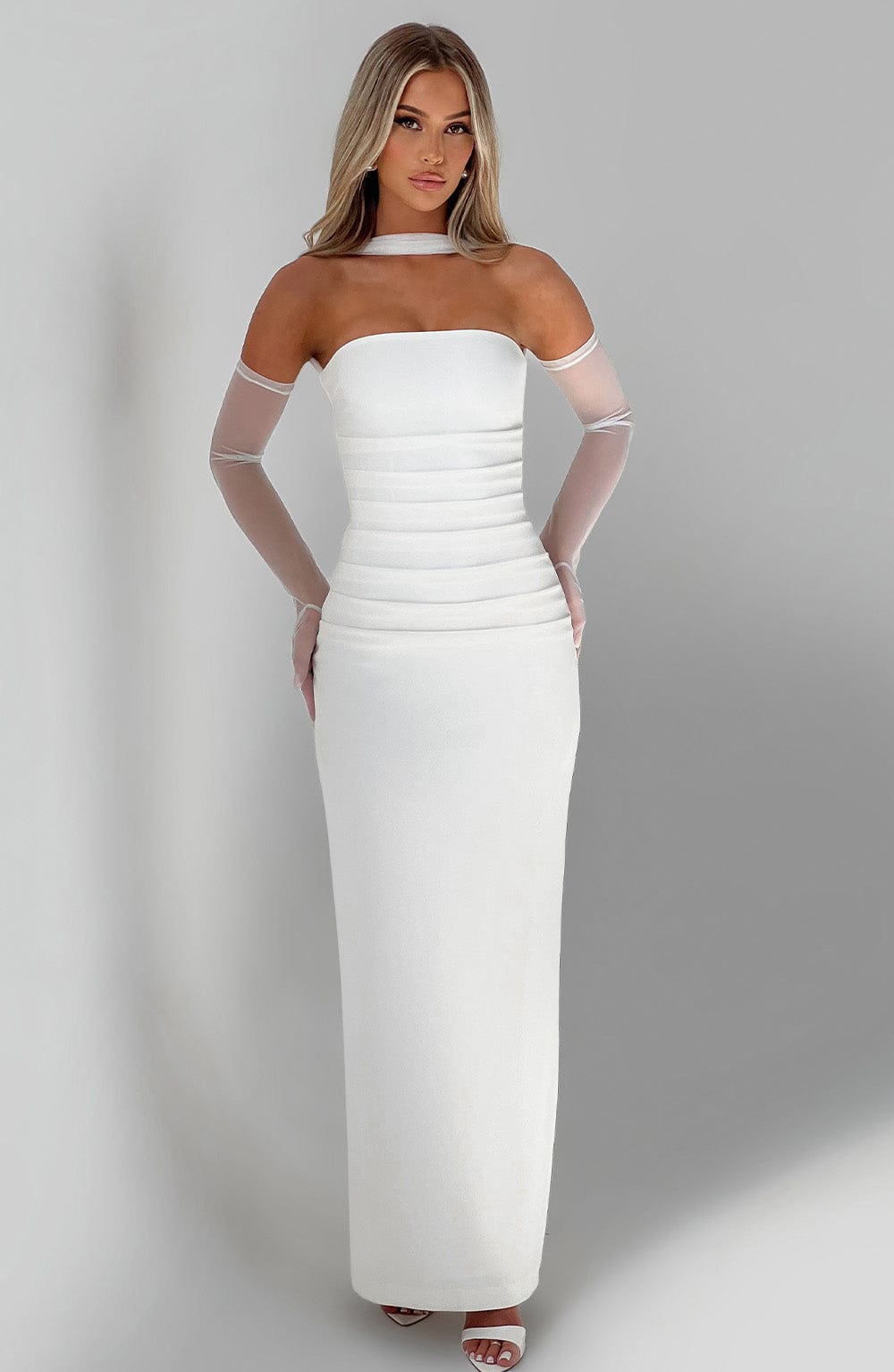 Strapless Ruched Bodycon Maxi Dress with Neck Scarf and Mesh Gloves 22