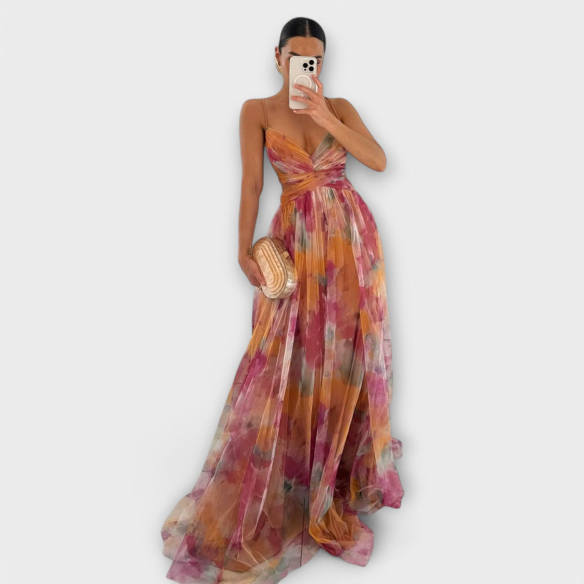 Strapless Sweetheart Floral Print High Split Tulle Maxi Gown