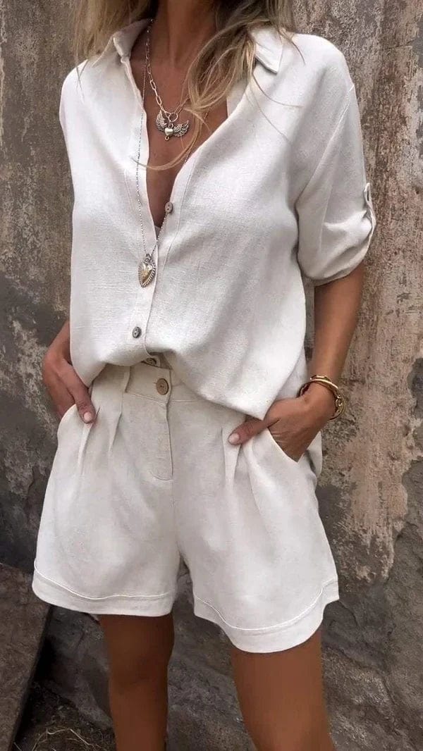 Collared Button Front Shirt and Shorts Two Piece Set