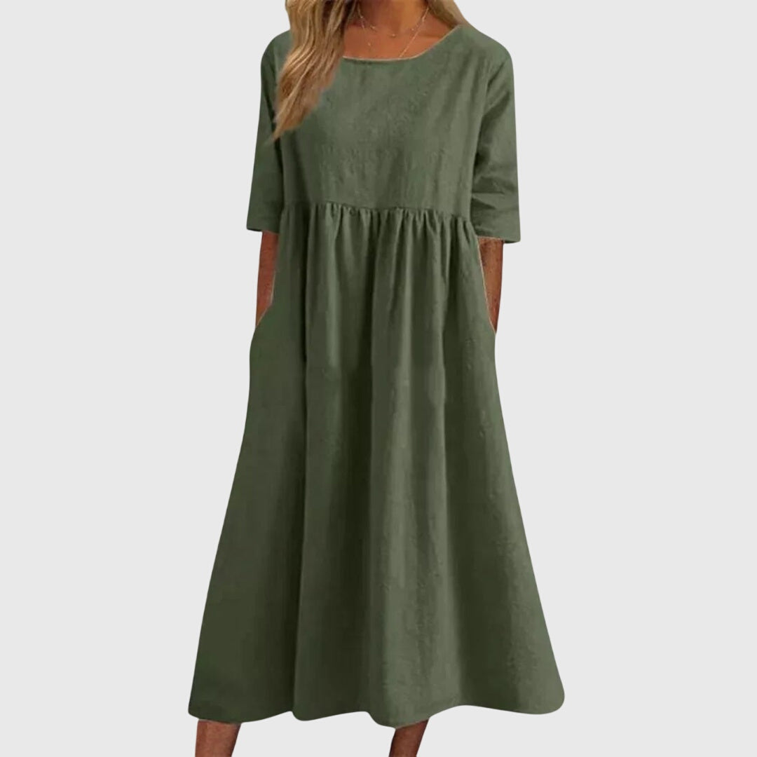 Round Neck Short Sleeve Tiered Midi Dress