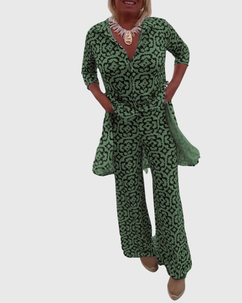 Geometric Print Tunic Top and Pants Two Piece Set