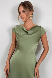 Silk-Like Satin Slit Maxi Silk Dress in Green