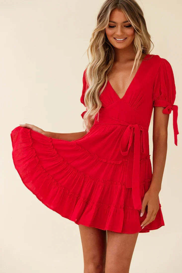 V-Neck Tie Cuff Puff Sleeve Tie Waist Tiered Ruffle Mini Dress