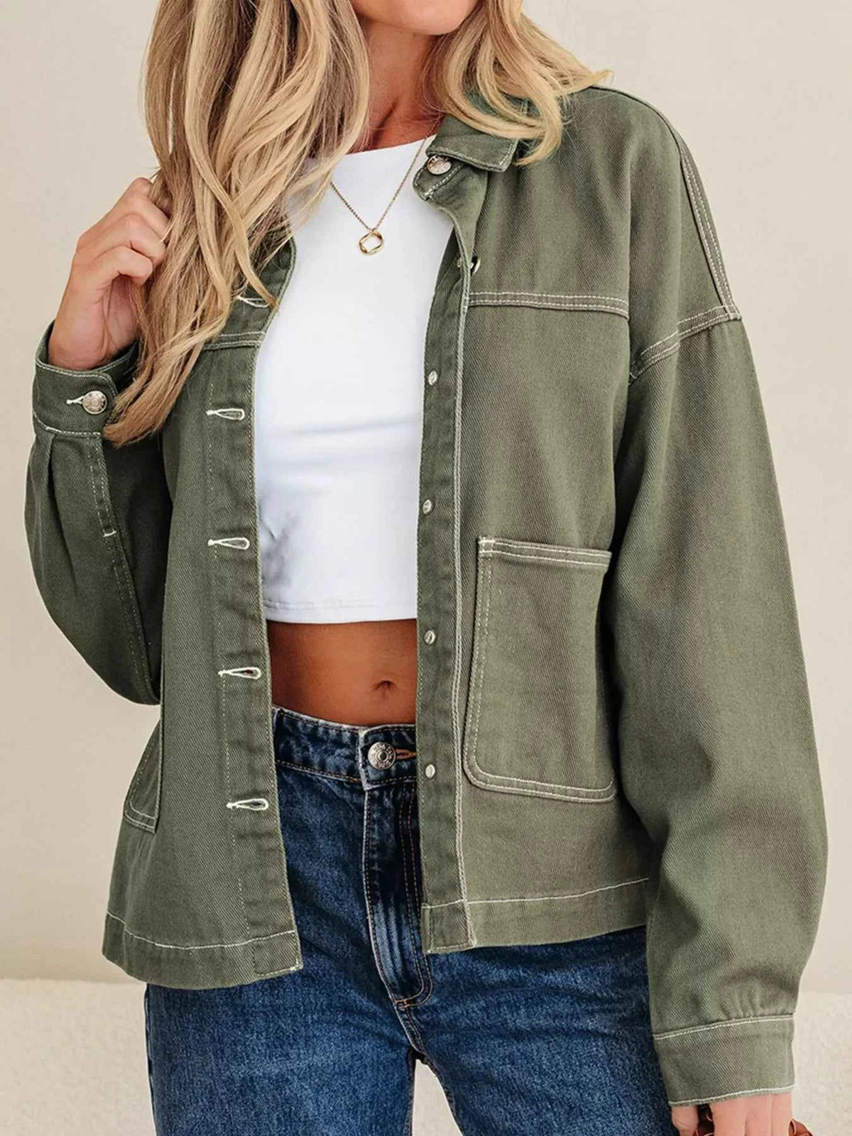 Contrast Stitch Patch Pocket Collared Button Front Oversized Shirt Jacket 4