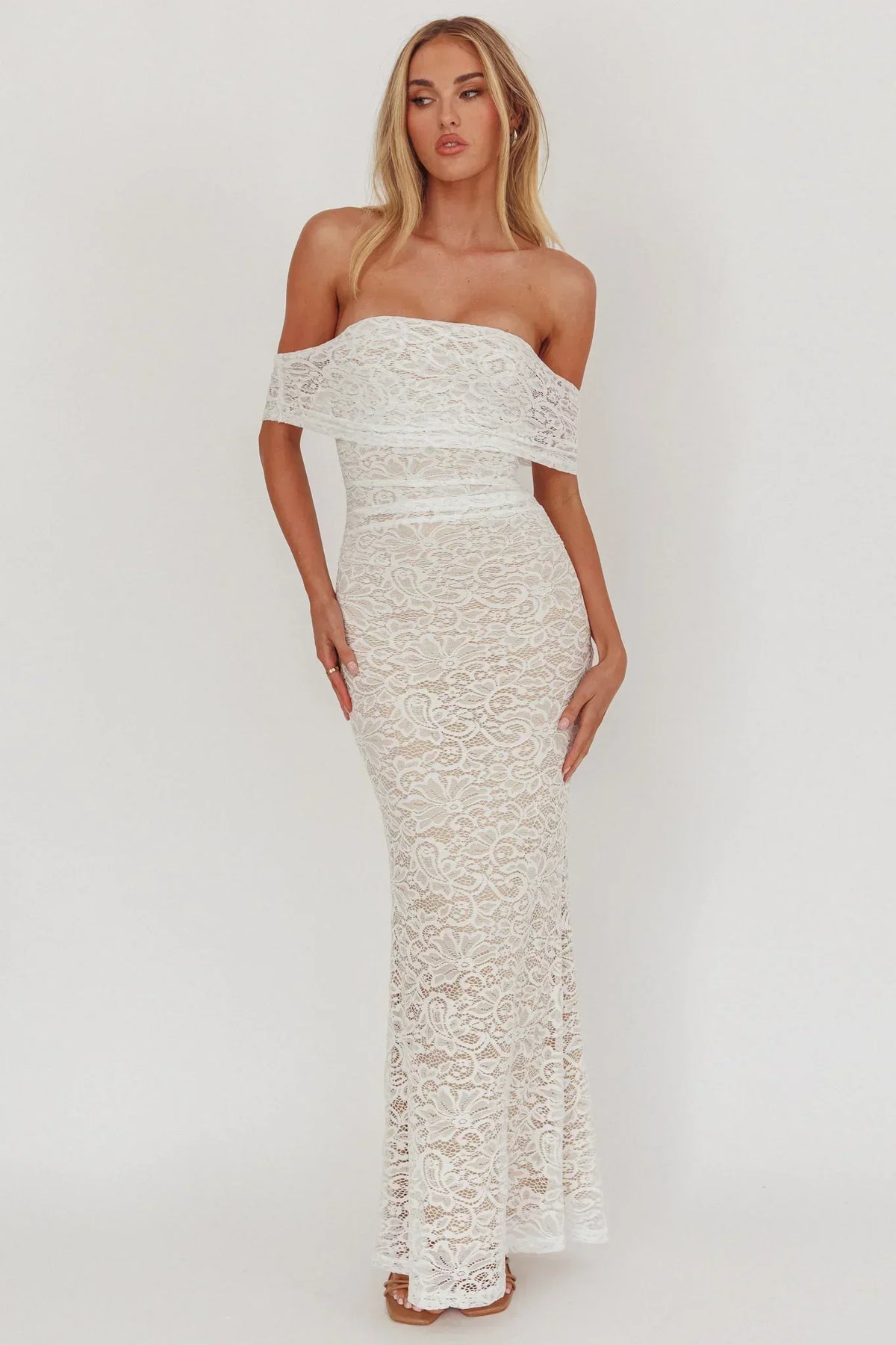 Lace Off Shoulder Fold Over Neckline Mermaid Maxi Dress
