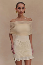 Ruched Ruffle Mesh Mini Dress
