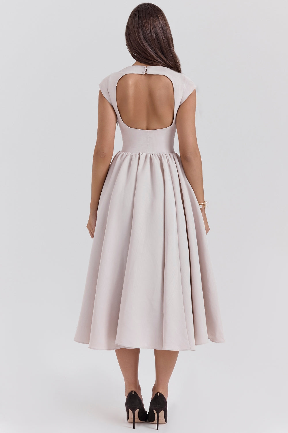 Boat Neck Cap Sleeve Drop Waist Full Skirt Midi Dress 8