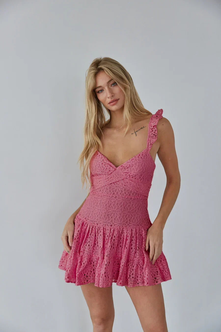 Eyelet Lace Sweetheart Ruffle Strap Tiered Mini Dress 3