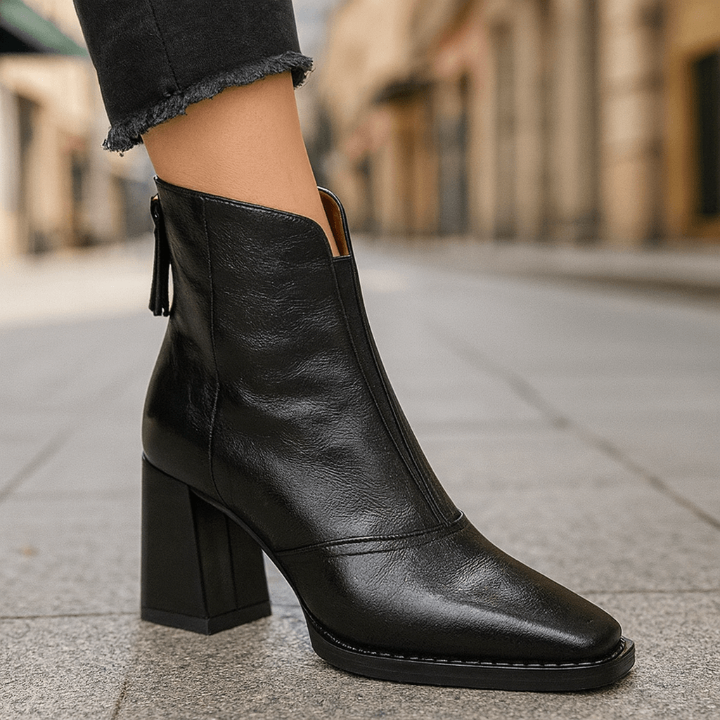 Square Toe Block Heel Back Zip Ankle Boots