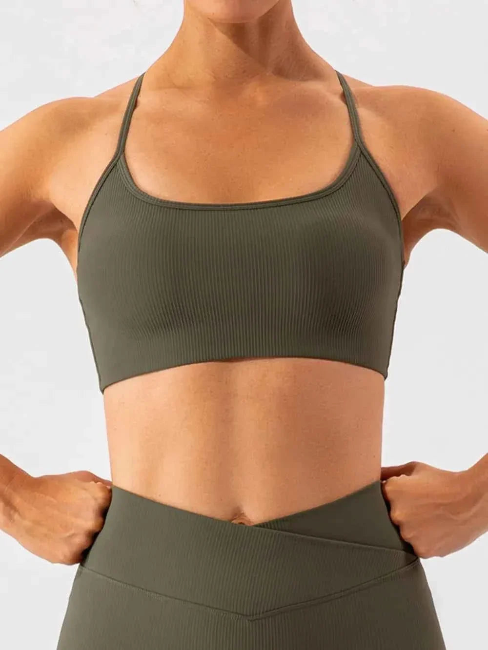 Ribbed Scoop Neck Spaghetti Strap Cropped Sports Bra Top 12