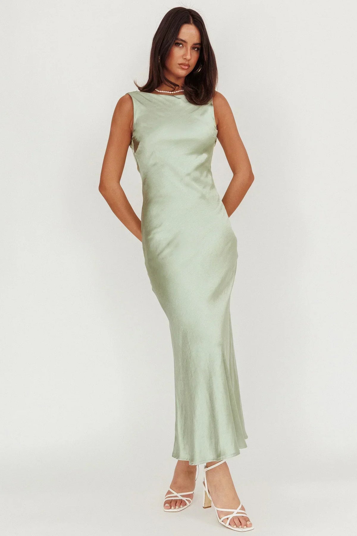 Satin Boat Neck Sleeveless Cowl Back Bias Cut Maxi Dress 5