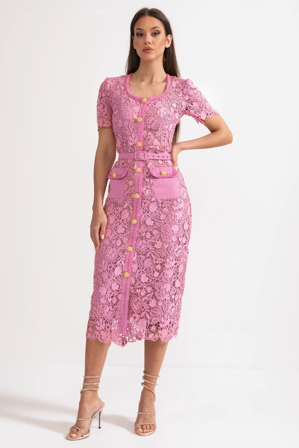 Lace Square Neck Short Sleeve Flap Pocket Jewel Button Belted Midi Dress 3