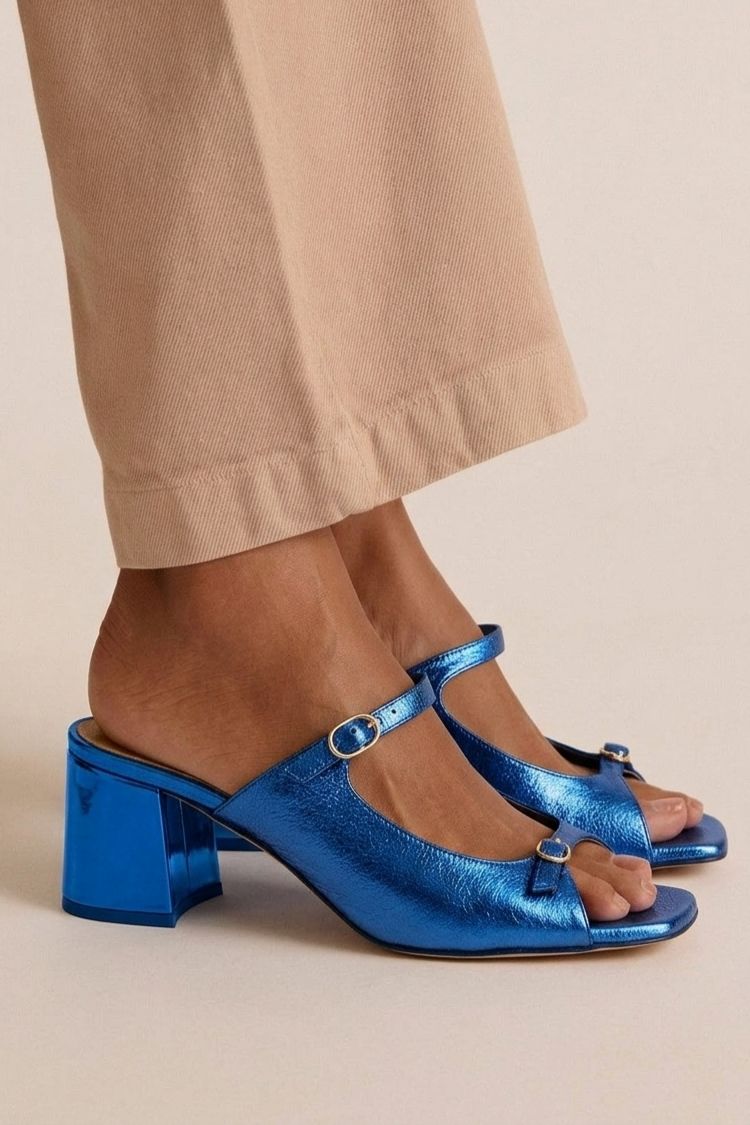 Open Toe T-Strap Contrast Block Heel Mules