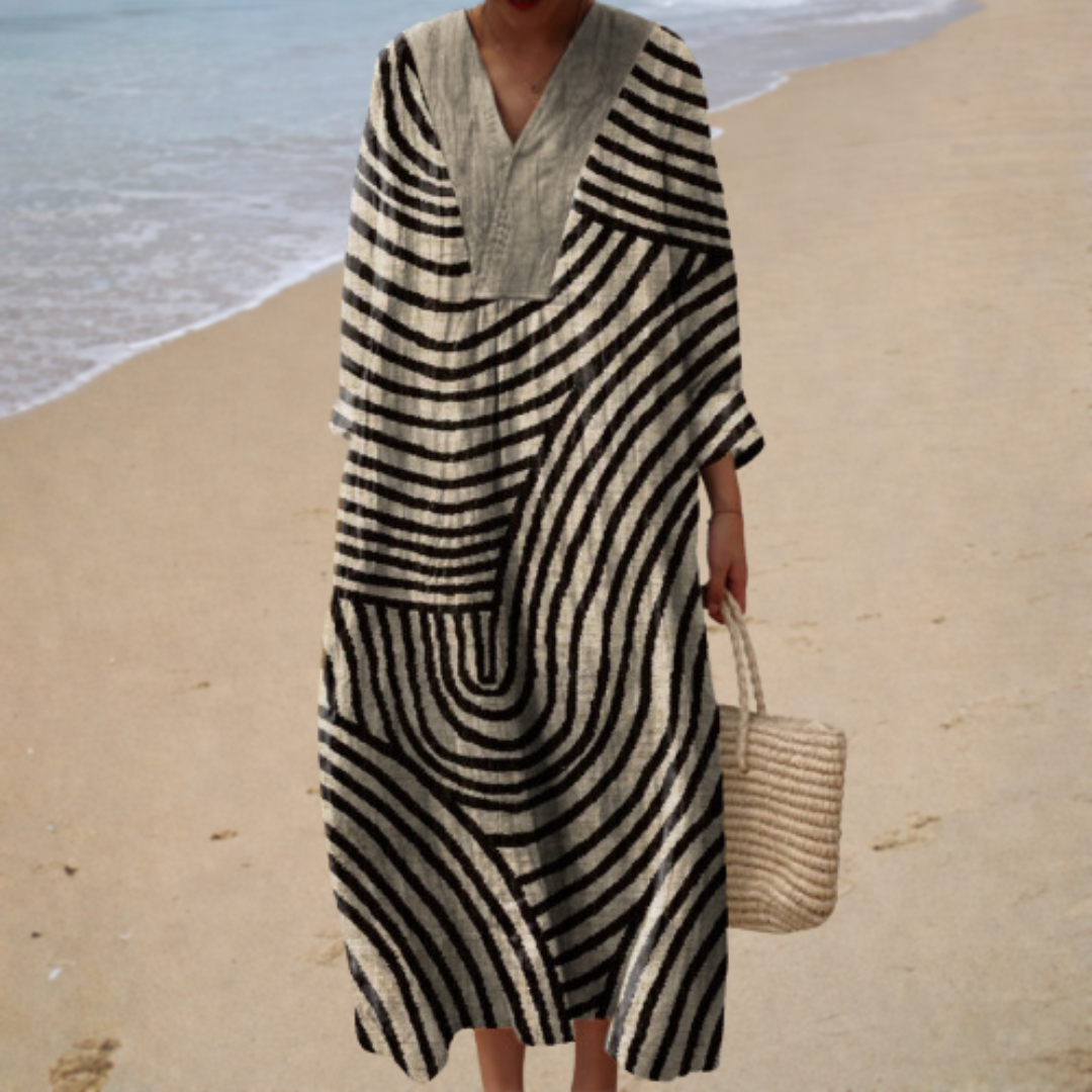 Striped Print V-Neck Batwing Sleeve Loose Kaftan Maxi Dress