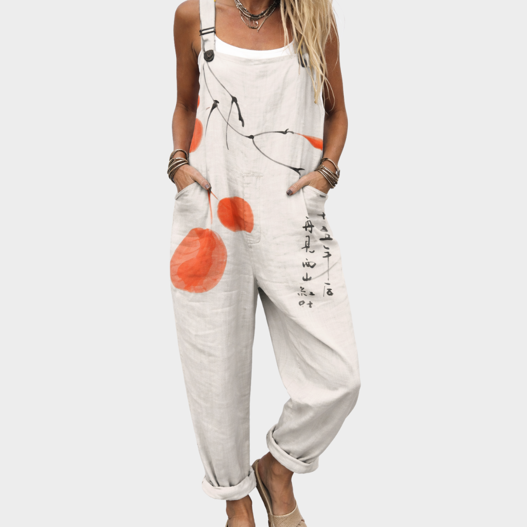 Fruit Print Sleeveless Wide Leg Dungaree Jumpsuit