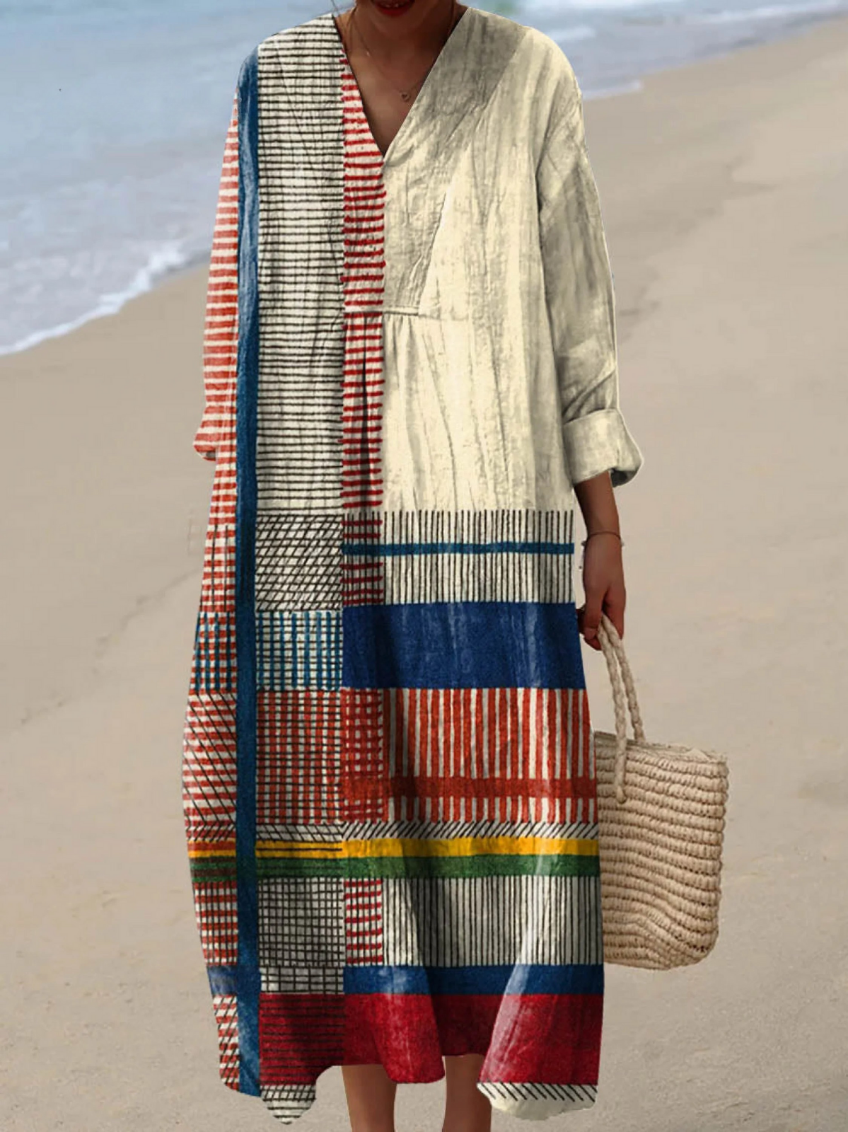 Patchwork Stripe V-Neck Long Sleeve Maxi Dress
