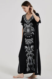 Embroidered V-Neck Short Sleeve Kaftan Maxi Dress 34