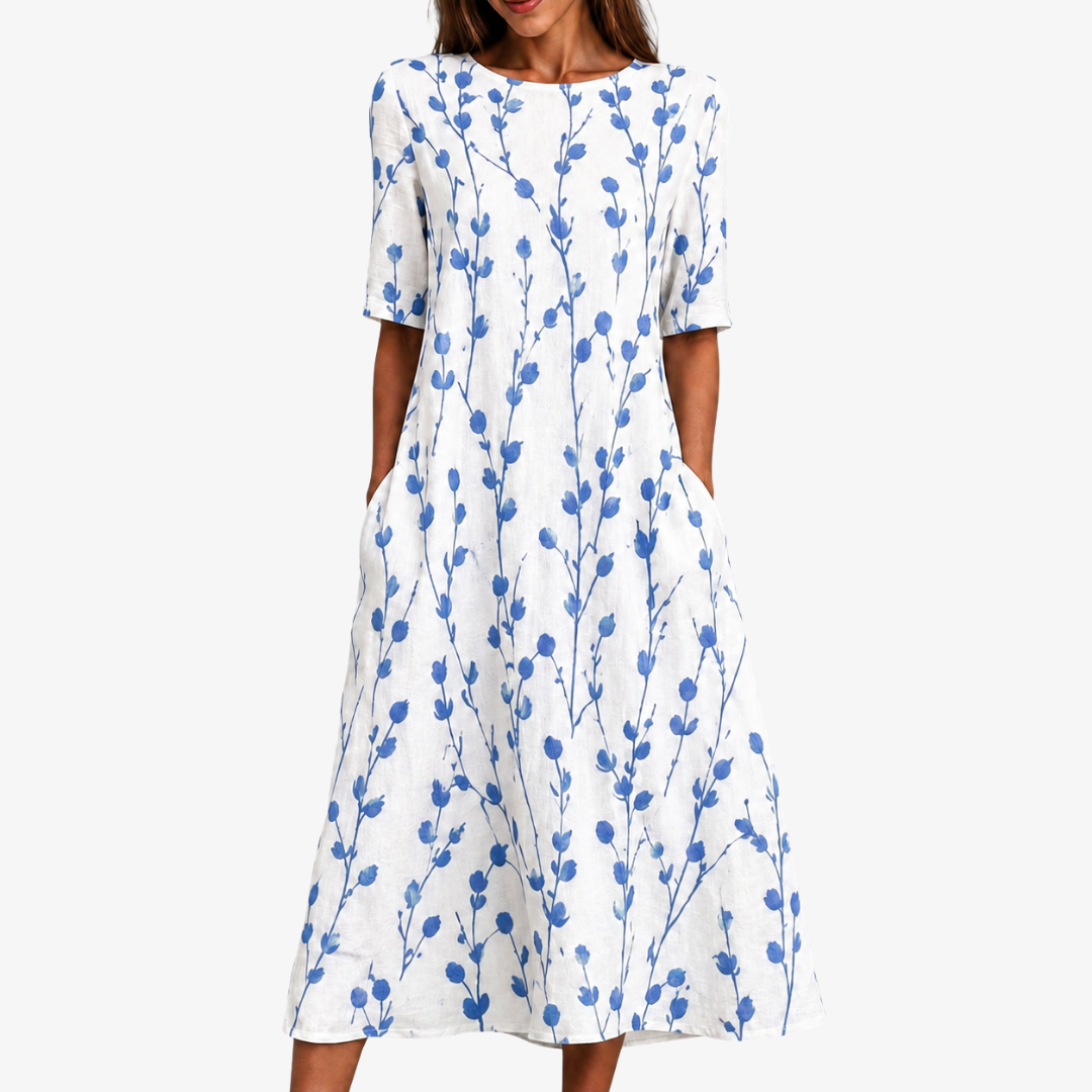 Floral Print Round Neck Short Sleeve Pocket Midi Dress