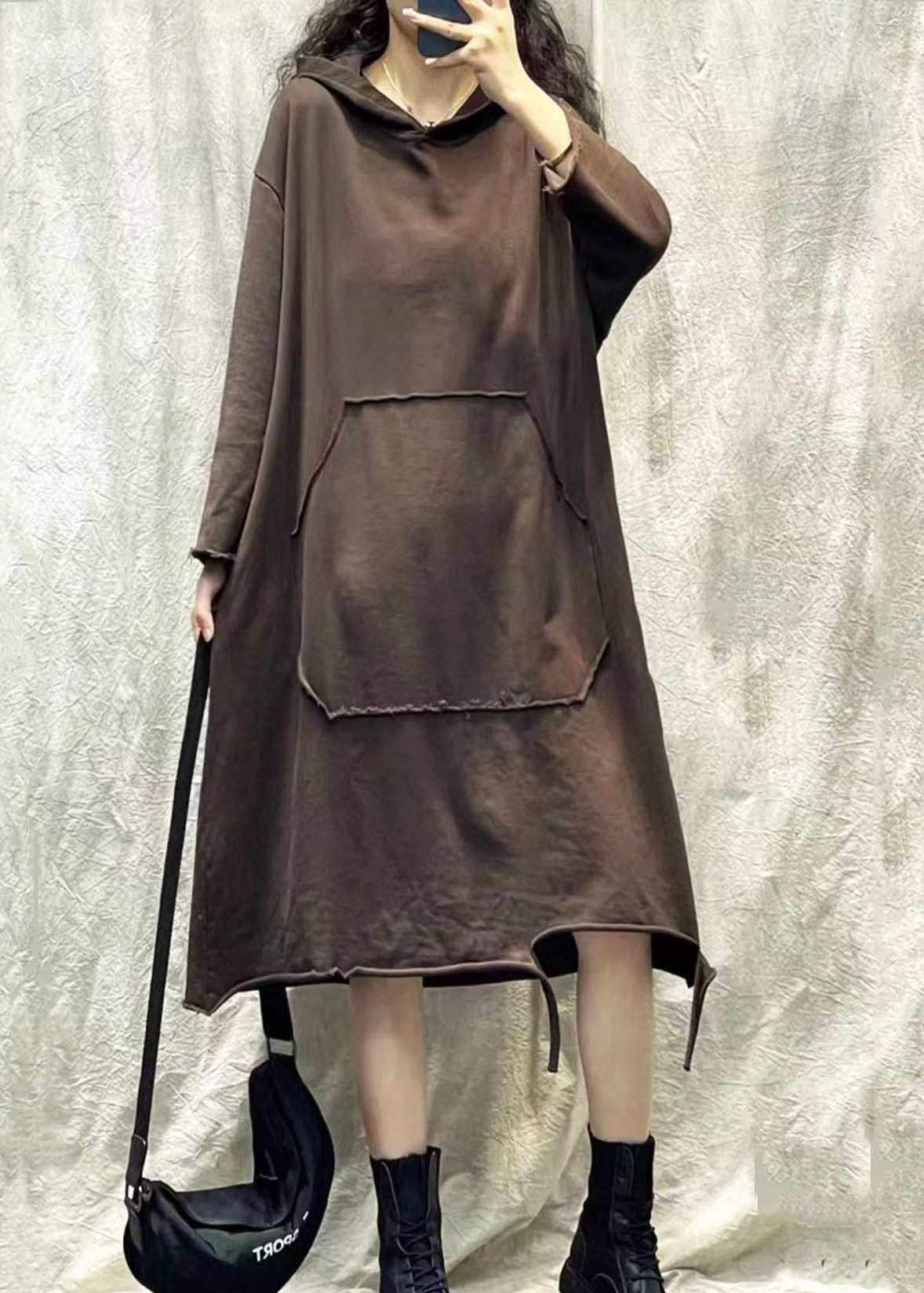 Hooded Long Sleeve Kangaroo Pocket Raw Hem Distressed Sweatshirt Dress