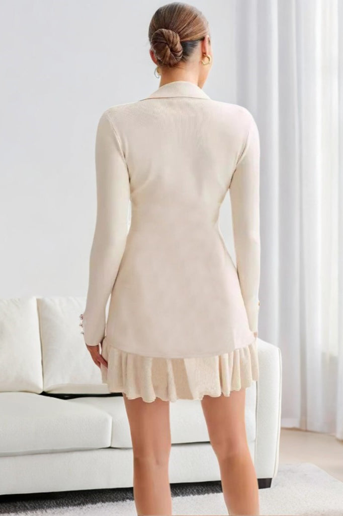 Pearl Button Ruffled Collar Knit Sweater Dress