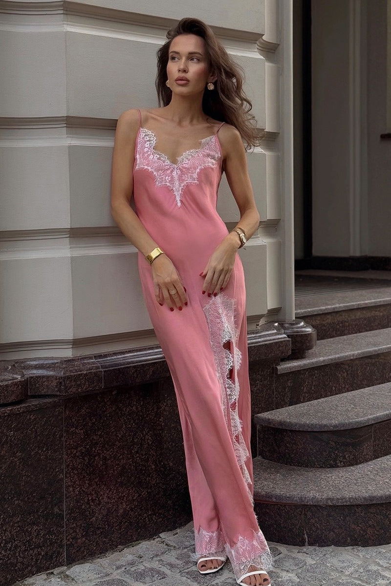 Satin Spaghetti Strap Split Lace Dress - View 2