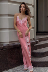 Satin Spaghetti Strap Split Lace Dress - View 2
