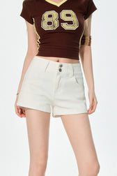 High Rise Curvy Fit Khaki Denim Shorts