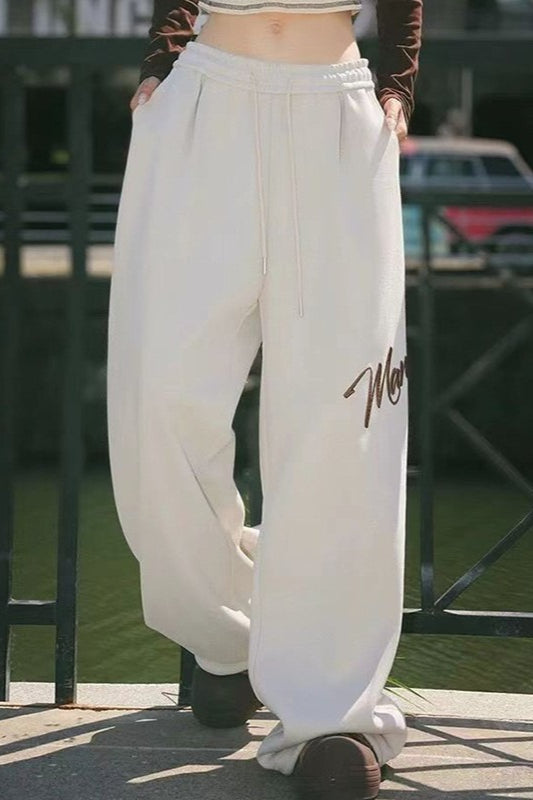 Script Embroidered Drawstring Waist Baggy Wide Leg Sweatpants 2