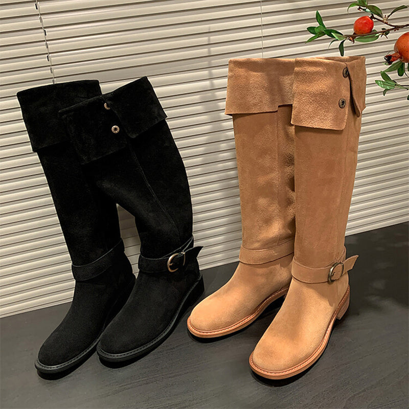 Womens Suede Leather Knee High Boots 75mm Block Heel In Black/Apricot