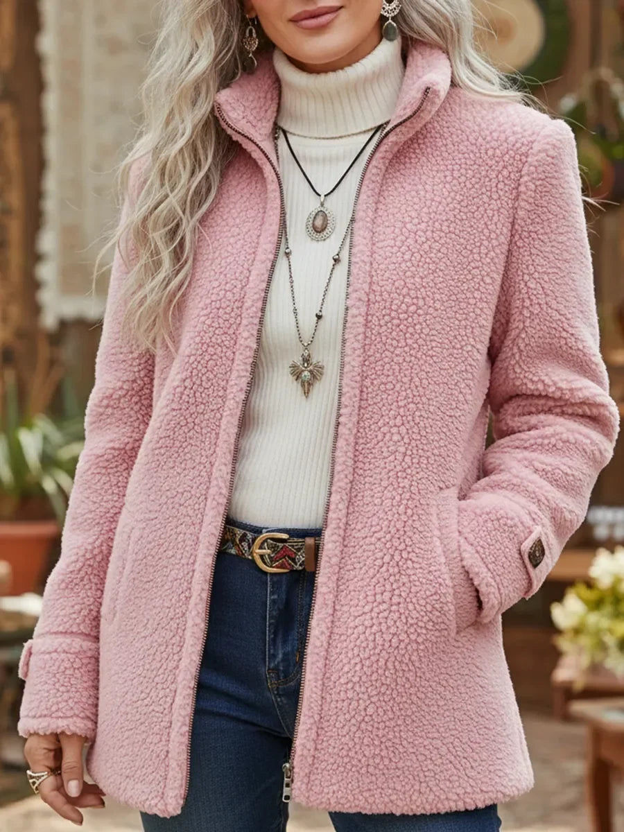 Zip Front Stand Collar Teddy Fleece Jacket