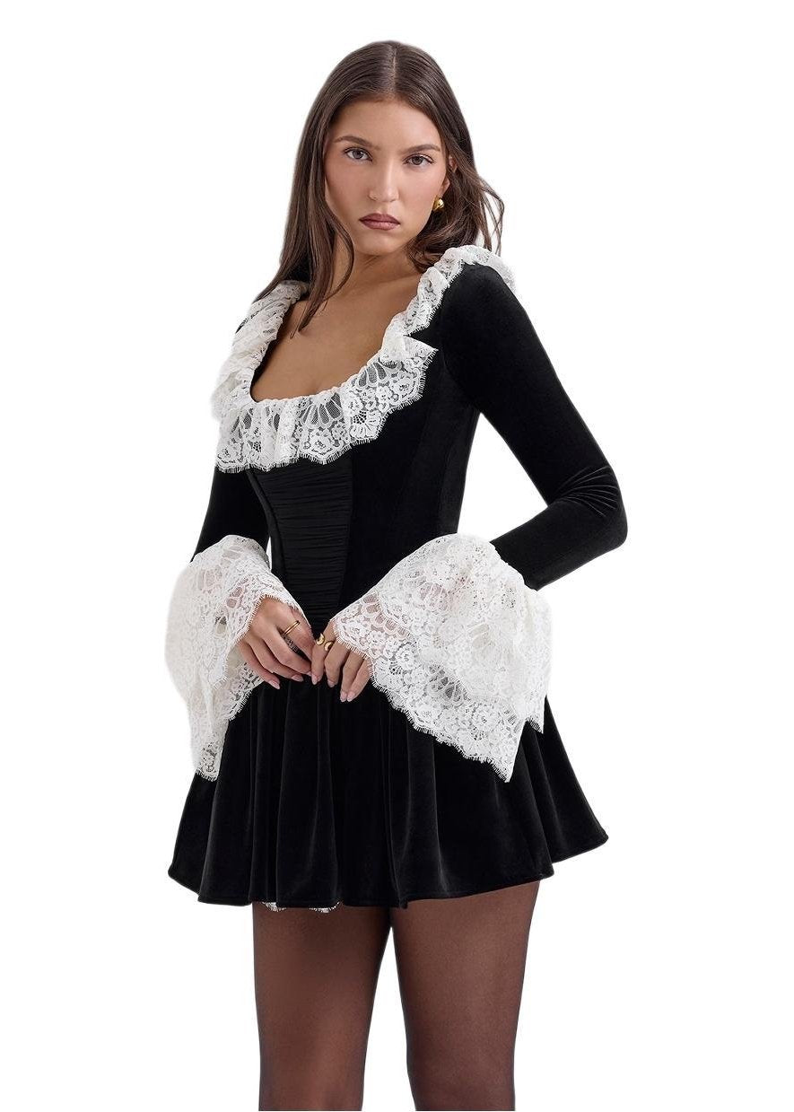 Velvet Lace Stitching Dress with Ruffled Detail 3