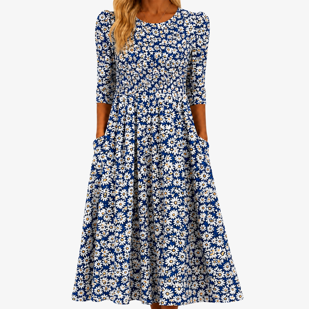 Daisy Floral Print Round Neck Three Quarter Sleeve Pocket Midi Dress