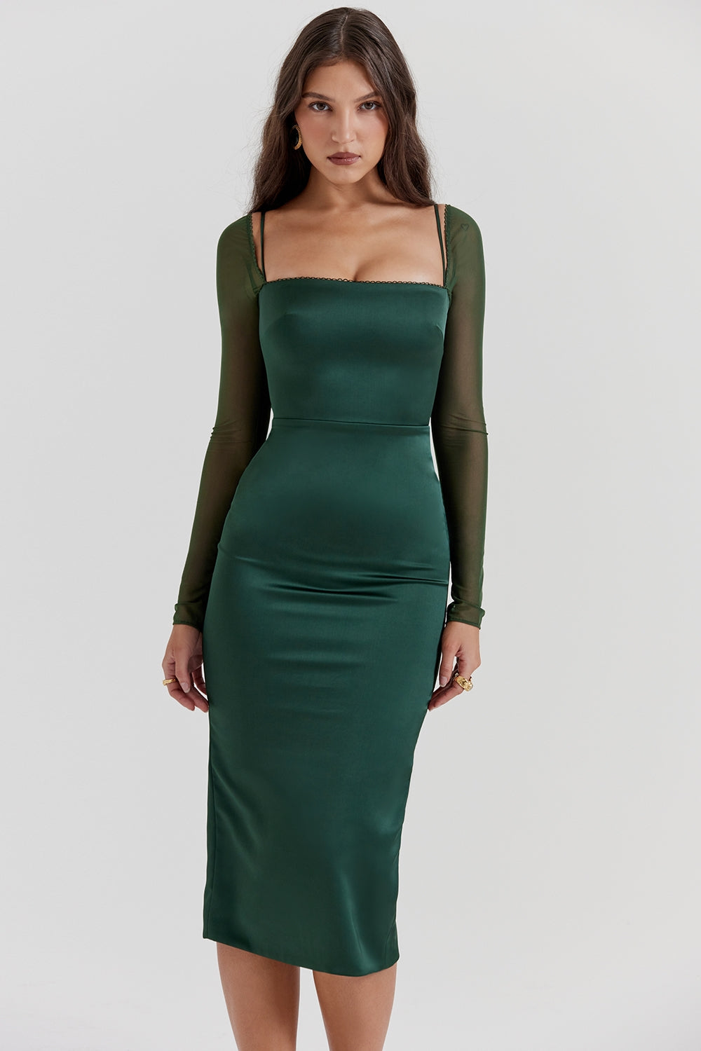 Satin Square Neck Mesh Long Sleeve Bodycon Midi Dress 4