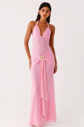 Deep V Halter Backless Sash Bodycon Party Dress