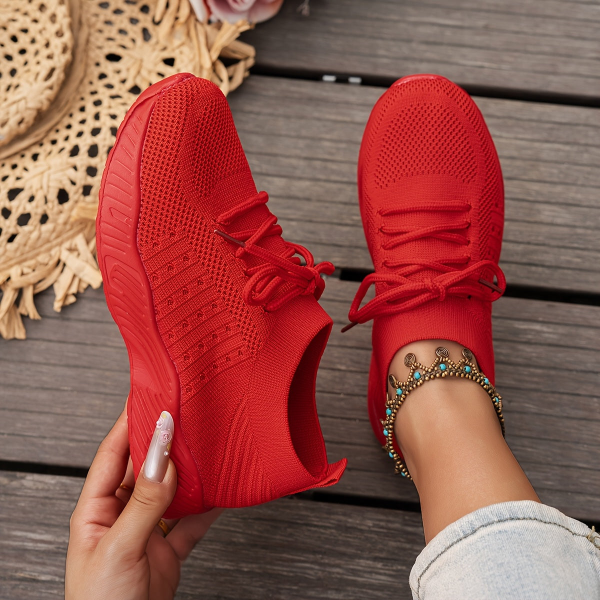 Knit Mesh Lace Up Thick Sole Sneakers