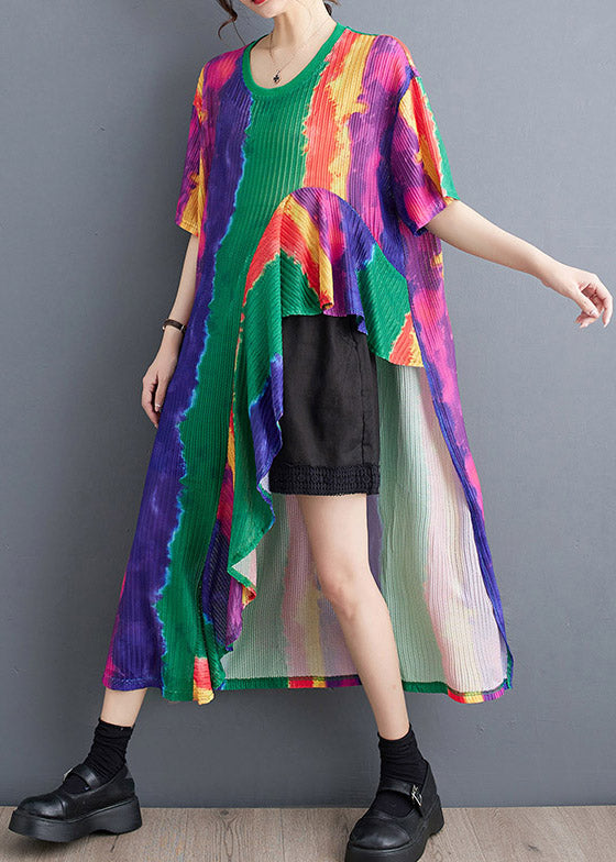 Plissé Abstract Stripe Print Round Neck Short Sleeve Asymmetric Pocket Midi Dress