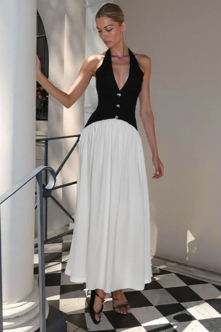 ColorBlock Button Detail Party Dress