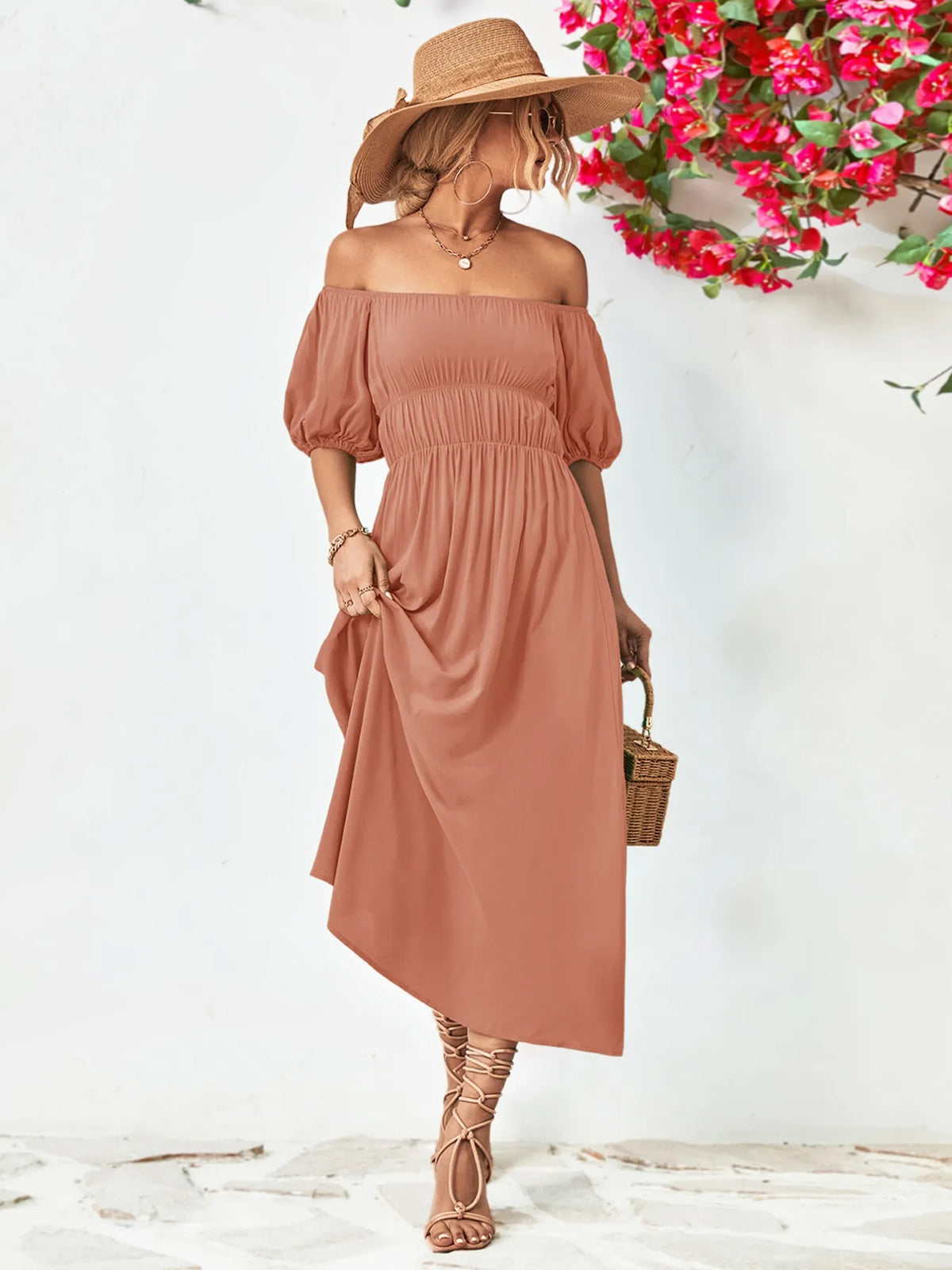 Off-Shoulder Puff Sleeve Smocked Maxi Dress