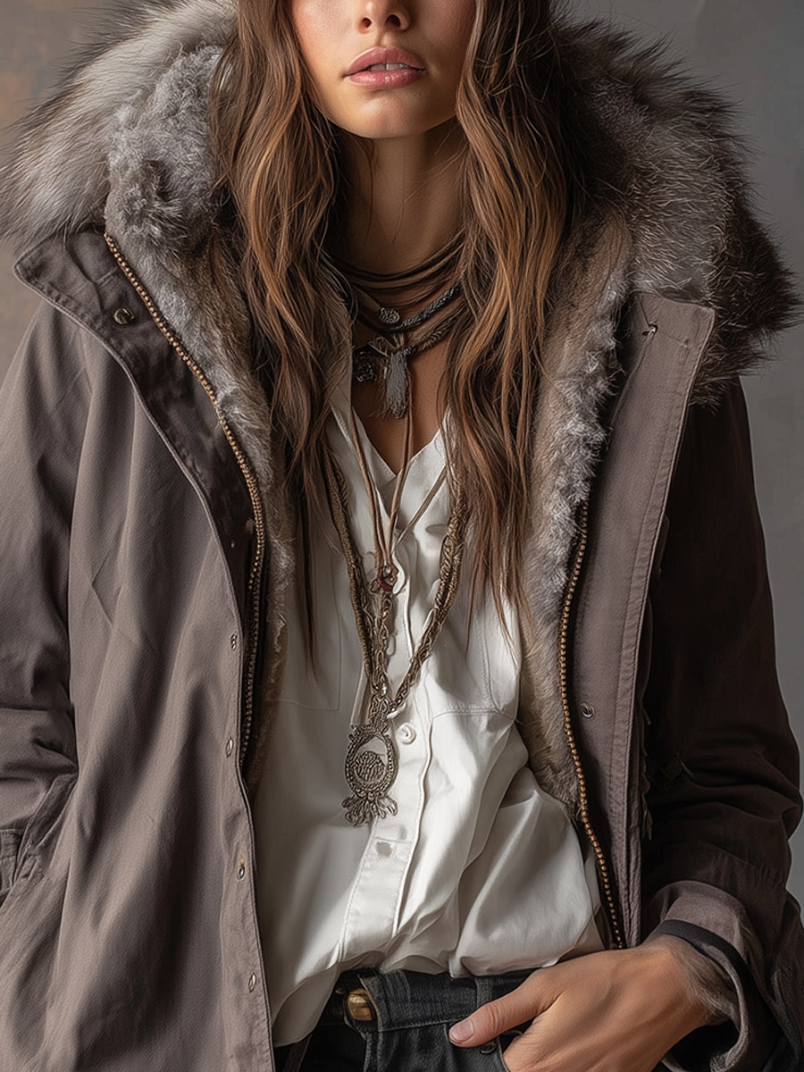 Casual Faux Fur-lined Washed Cotton Hooded Jacket