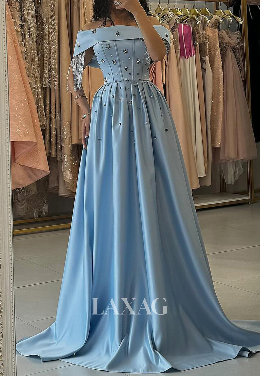 A-Line Tube Top Beaded Pleated Satin Formal Gowns Sleeveless Off-Shoulder Prom Dress with Sweep Train