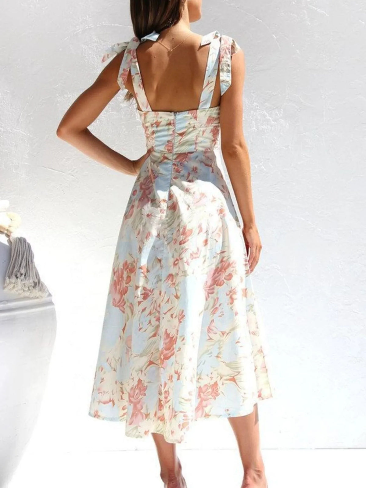 Floral Print Tie Shoulder Sweetheart A-Line Midi Dress 7
