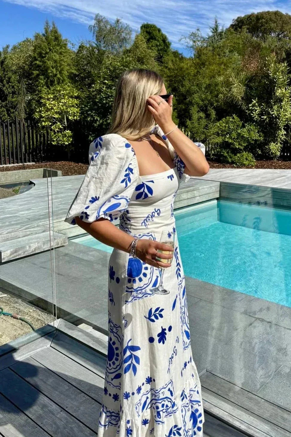 Sleeve Mediterranean-Puff Midi Dress