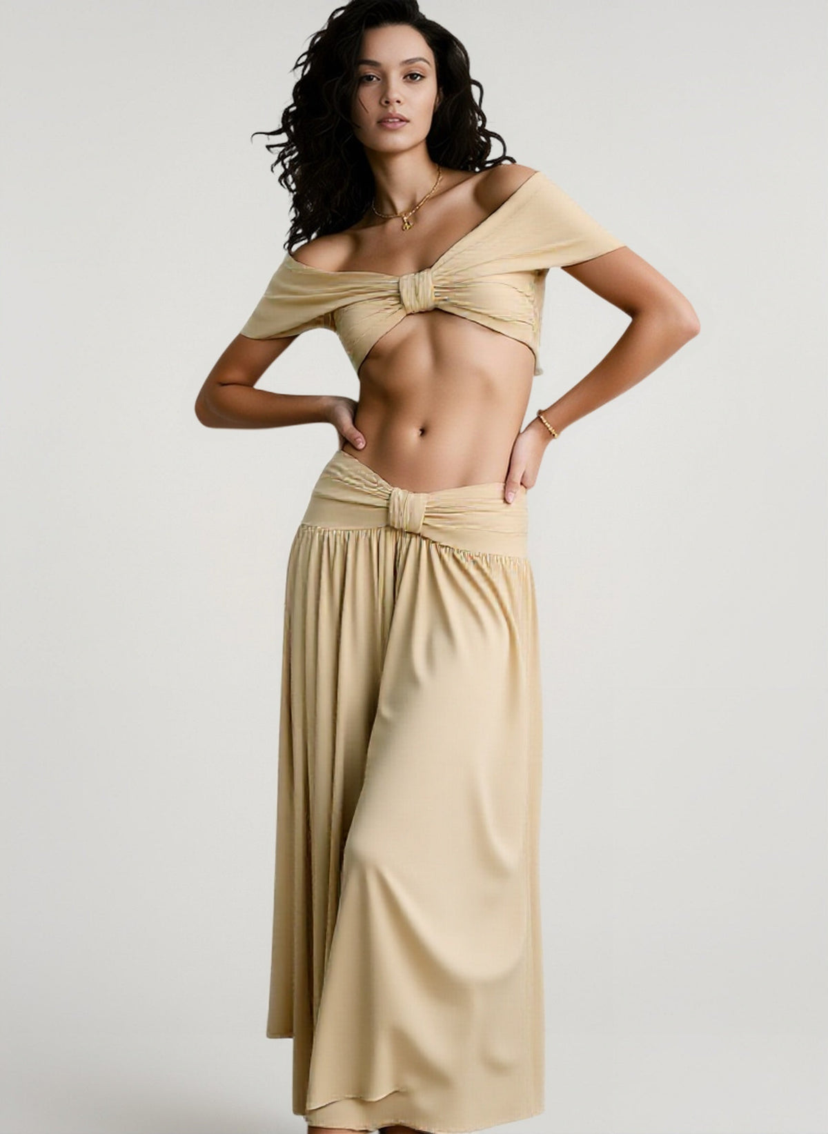 Off Shoulder Knot Front Crop Top and Ruched Maxi Skirt Two Piece Set