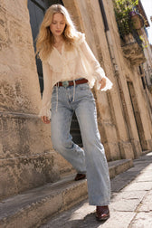 Semi-Sheer Ruffle Chiffon Breasted Blouse